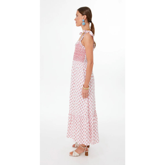 Pink City Prints Rose Meadow Red Block Jessica Maxi Dress Smocked Tuckernuck M - Picture 3 of 15